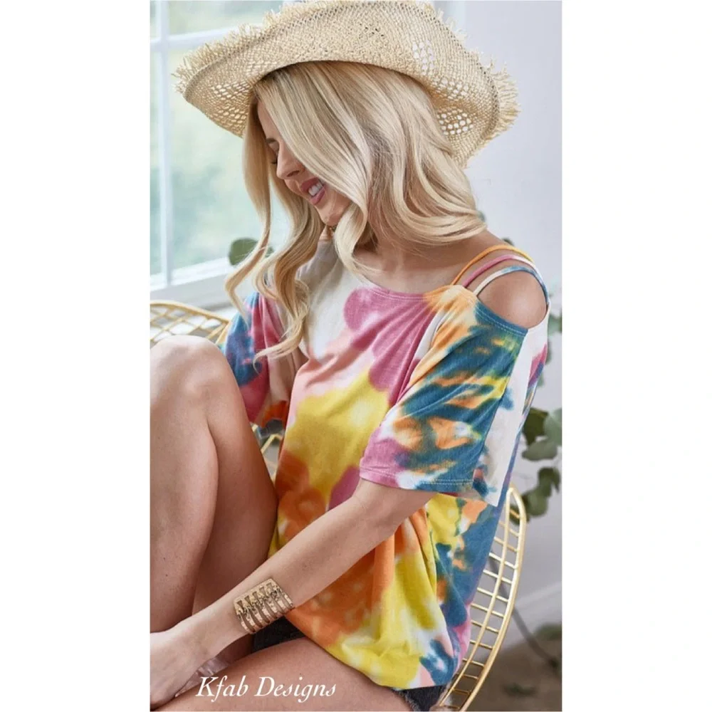 LAST 2! Tie Dye Strappy One Shoulder Super Soft Jersey Top! - Picture 5 of 10
